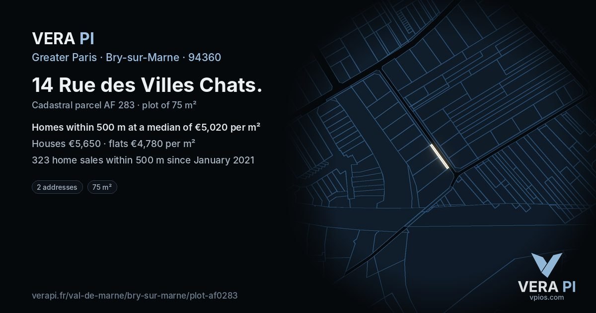 14 Rue des Villes Chats, Bry-sur-Marne at night – the plot lit, the parcels around coloured by the prices near them