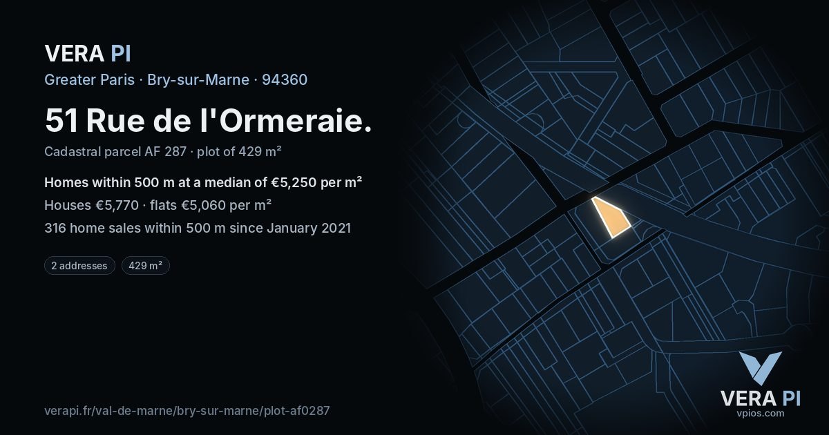 51 Rue de l'Ormeraie, Bry-sur-Marne at night – the plot lit, the parcels around coloured by the prices near them