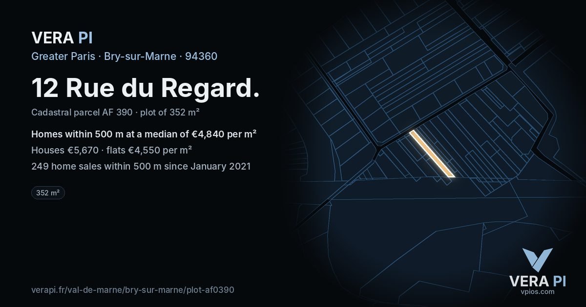 12 Rue du Regard, Bry-sur-Marne at night – the plot lit, the parcels around coloured by the prices near them