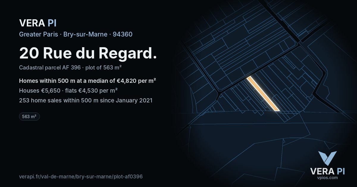 20 Rue du Regard, Bry-sur-Marne at night – the plot lit, the parcels around coloured by the prices near them