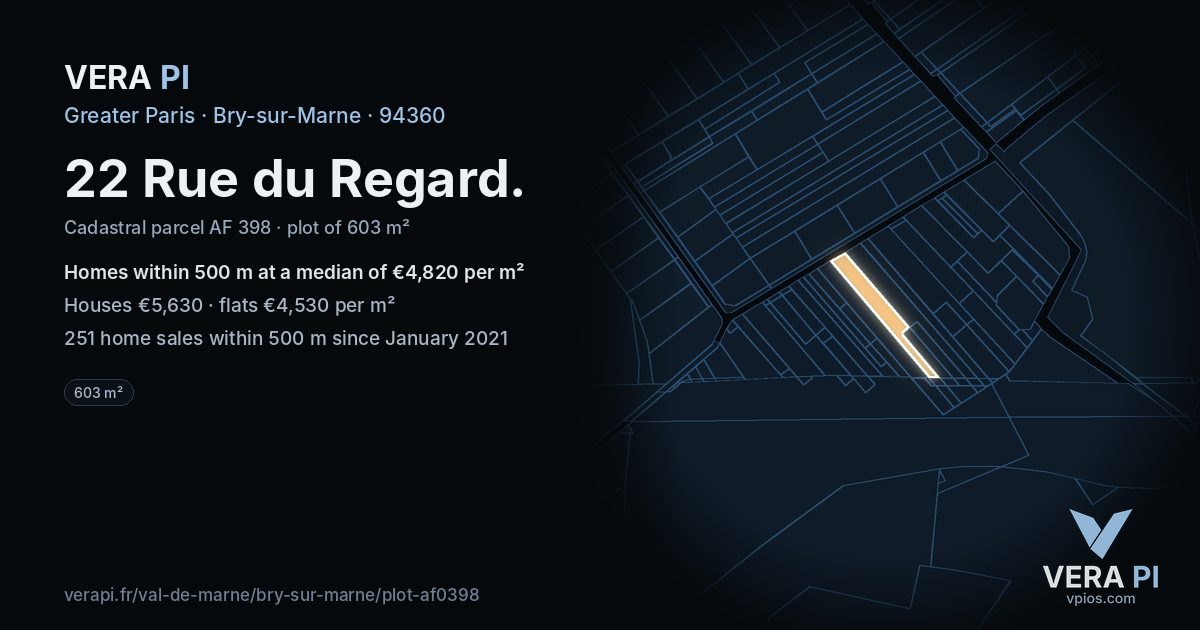 22 Rue du Regard, Bry-sur-Marne at night – the plot lit, the parcels around coloured by the prices near them
