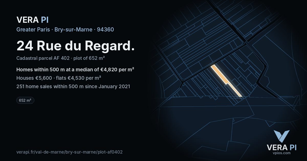 24 Rue du Regard, Bry-sur-Marne at night – the plot lit, the parcels around coloured by the prices near them