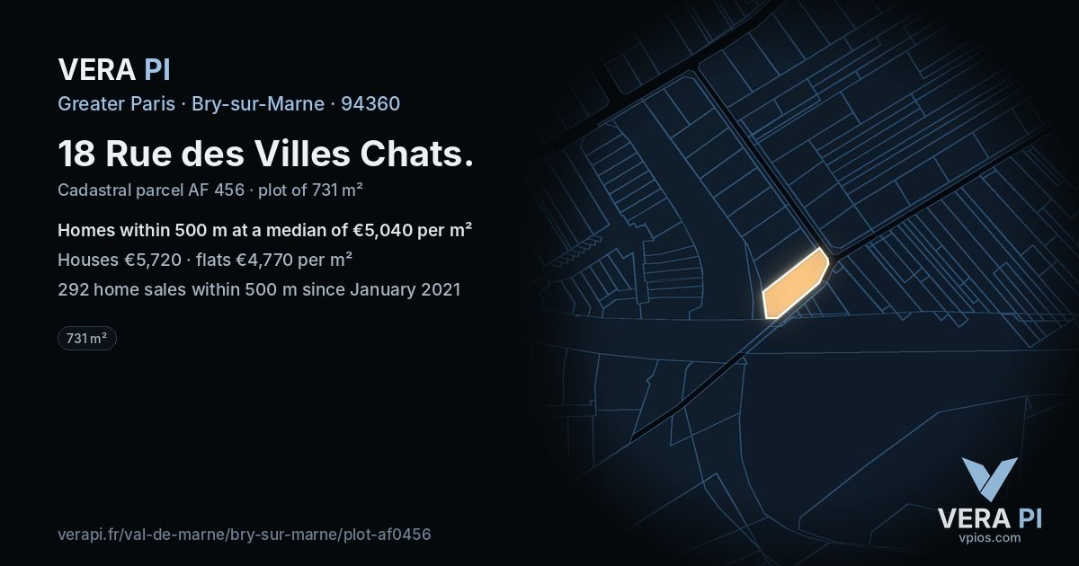 18 Rue des Villes Chats, Bry-sur-Marne at night – the plot lit, the parcels around coloured by the prices near them
