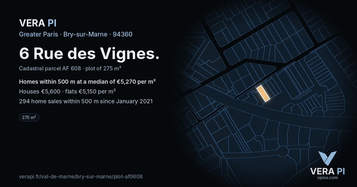 6 Rue des Vignes, Bry-sur-Marne at night – the plot lit, the parcels around coloured by the prices near them