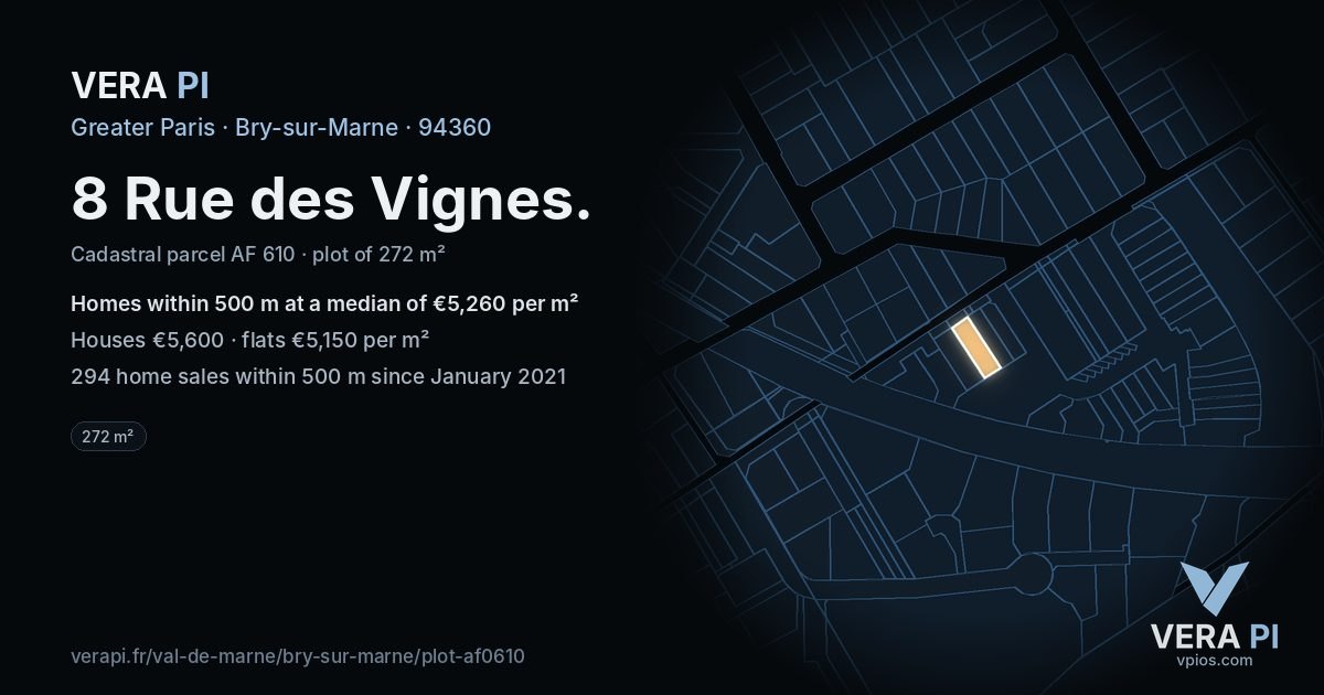 8 Rue des Vignes, Bry-sur-Marne at night – the plot lit, the parcels around coloured by the prices near them