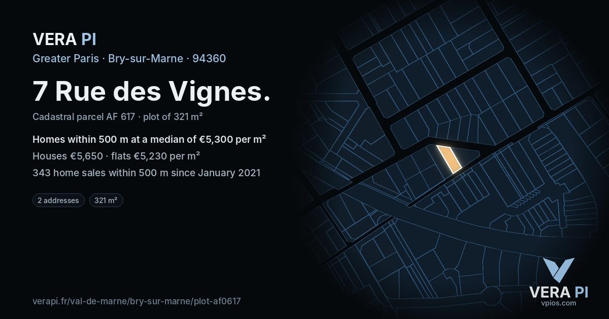 7 Rue des Vignes, Bry-sur-Marne at night – the plot lit, the parcels around coloured by the prices near them