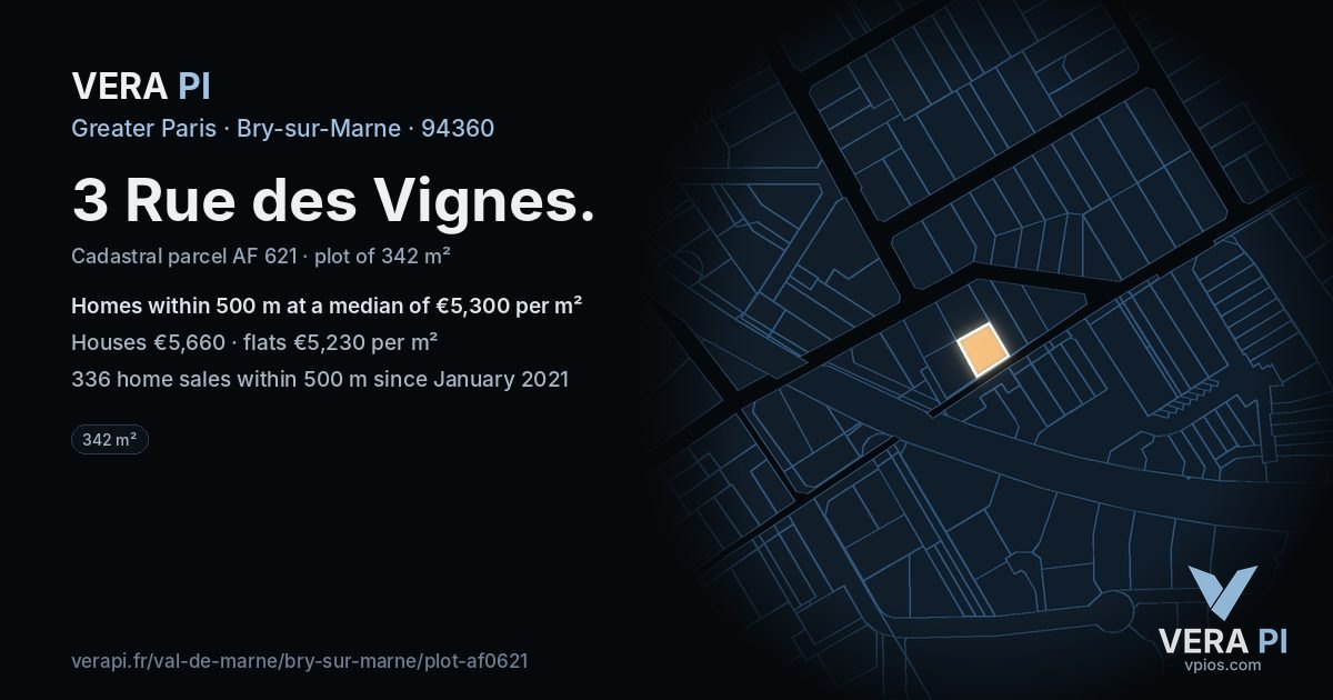 3 Rue des Vignes, Bry-sur-Marne at night – the plot lit, the parcels around coloured by the prices near them
