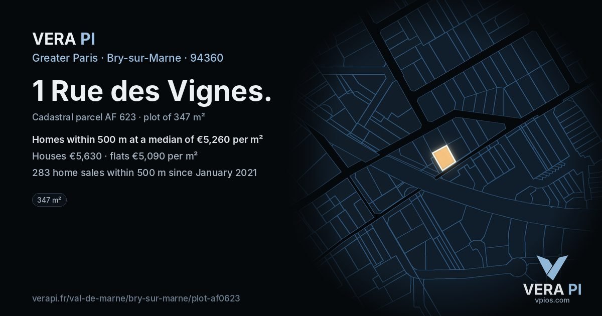 1 Rue des Vignes, Bry-sur-Marne at night – the plot lit, the parcels around coloured by the prices near them