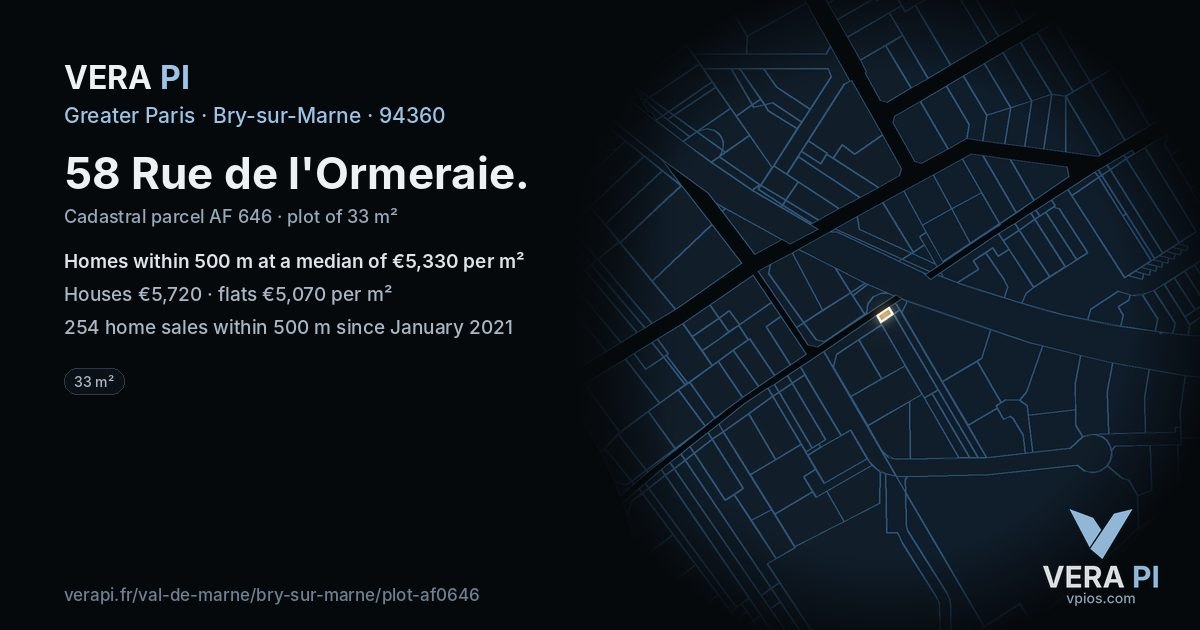 58 Rue de l'Ormeraie, Bry-sur-Marne at night – the plot lit, the parcels around coloured by the prices near them