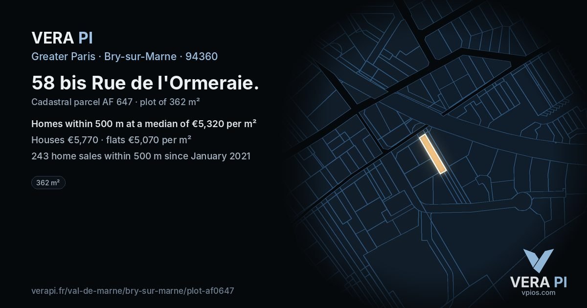58 bis Rue de l'Ormeraie, Bry-sur-Marne at night – the plot lit, the parcels around coloured by the prices near them