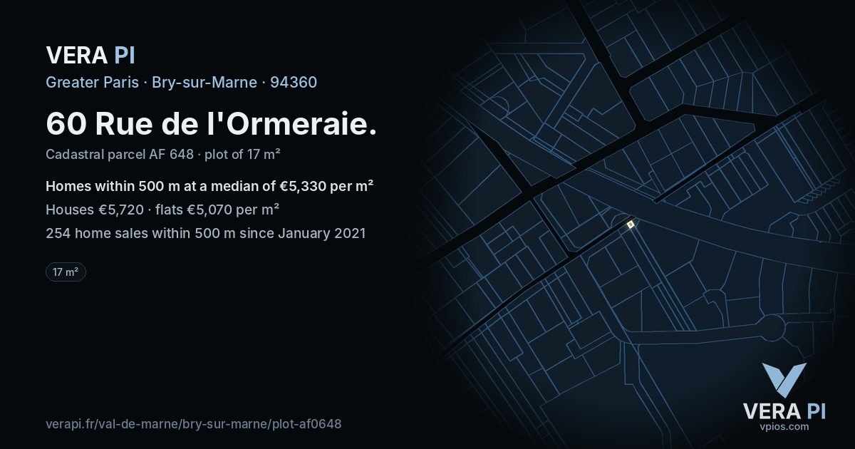 60 Rue de l'Ormeraie, Bry-sur-Marne at night – the plot lit, the parcels around coloured by the prices near them