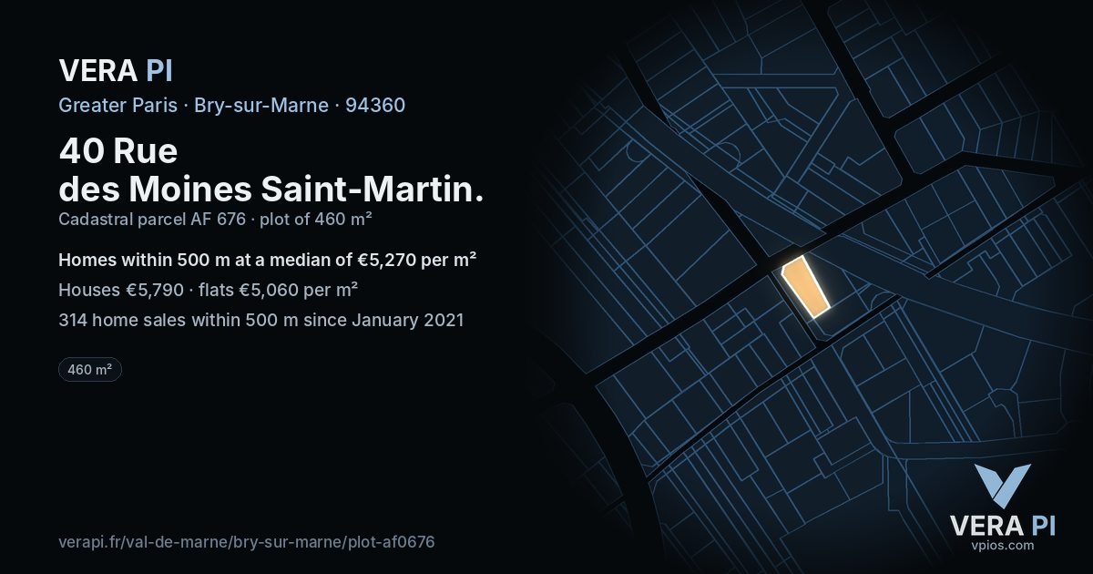 40 Rue des Moines Saint-Martin, Bry-sur-Marne at night – the plot lit, the parcels around coloured by the prices near them