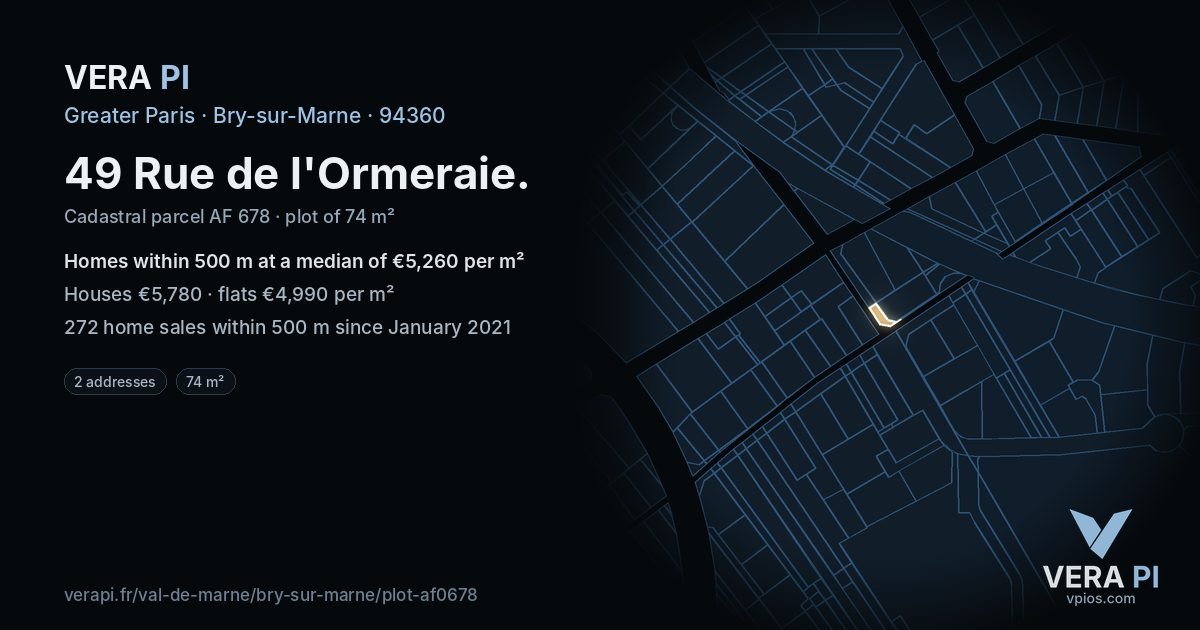 49 Rue de l'Ormeraie, Bry-sur-Marne at night – the plot lit, the parcels around coloured by the prices near them