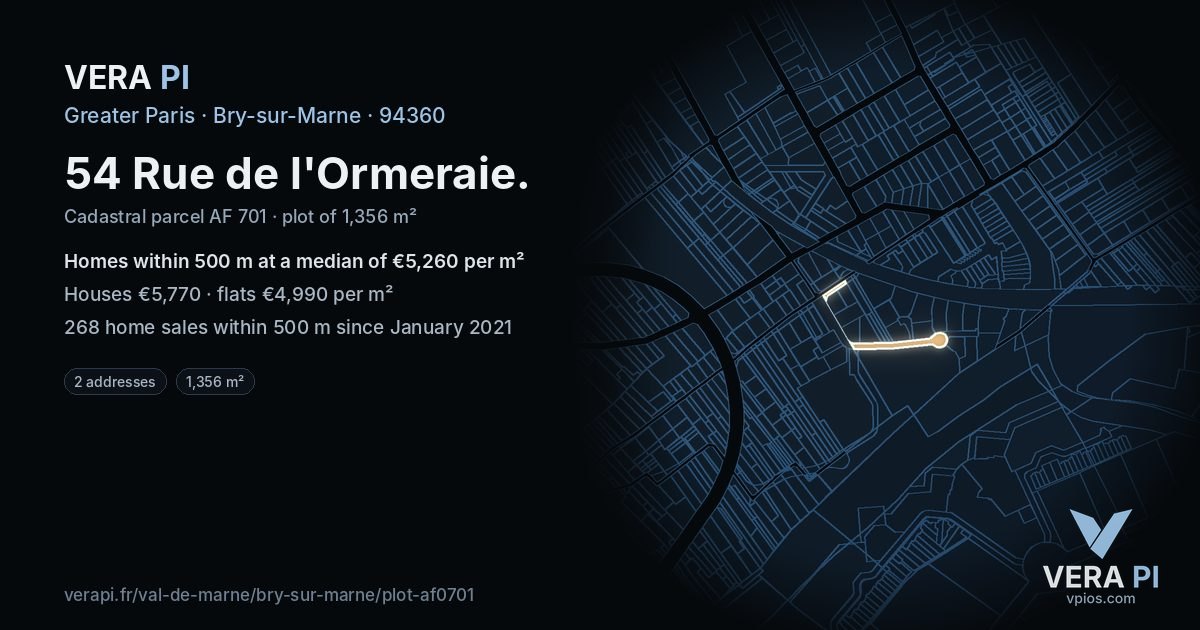 54 Rue de l'Ormeraie, Bry-sur-Marne at night – the plot lit, the parcels around coloured by the prices near them