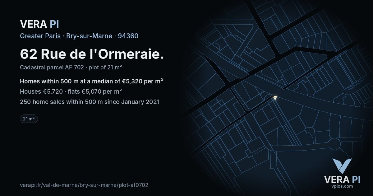 62 Rue de l'Ormeraie, Bry-sur-Marne at night – the plot lit, the parcels around coloured by the prices near them