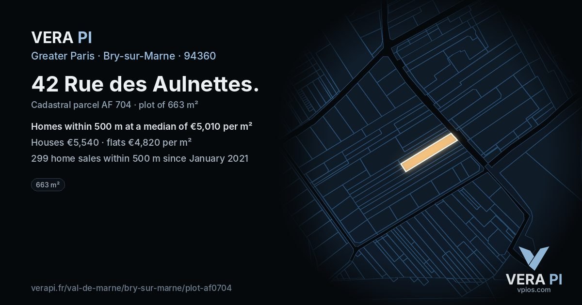 42 Rue des Aulnettes, Bry-sur-Marne at night – the plot lit, the parcels around coloured by the prices near them
