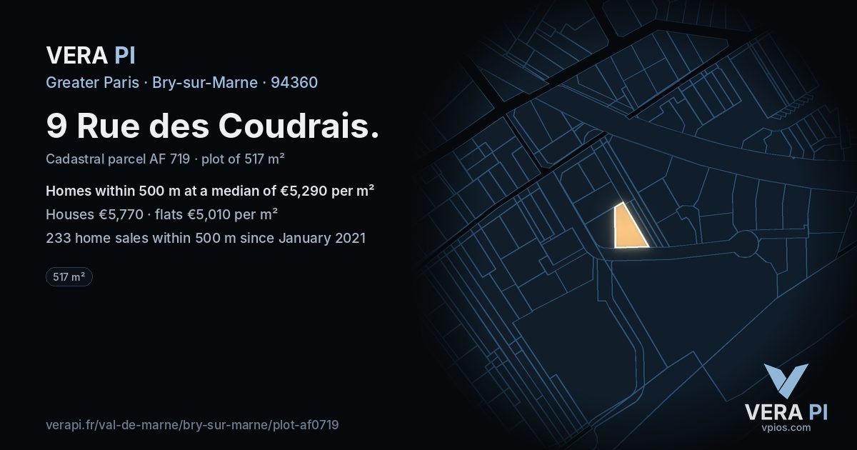 9 Rue des Coudrais, Bry-sur-Marne at night – the plot lit, the parcels around coloured by the prices near them