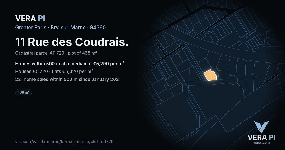 11 Rue des Coudrais, Bry-sur-Marne at night – the plot lit, the parcels around coloured by the prices near them