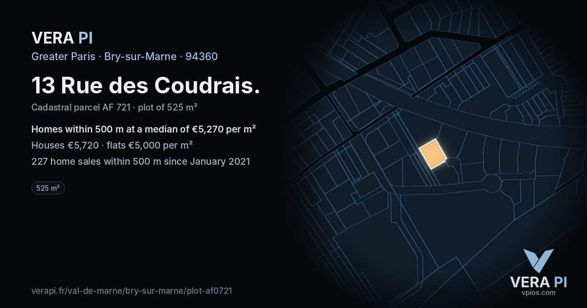 13 Rue des Coudrais, Bry-sur-Marne at night – the plot lit, the parcels around coloured by the prices near them