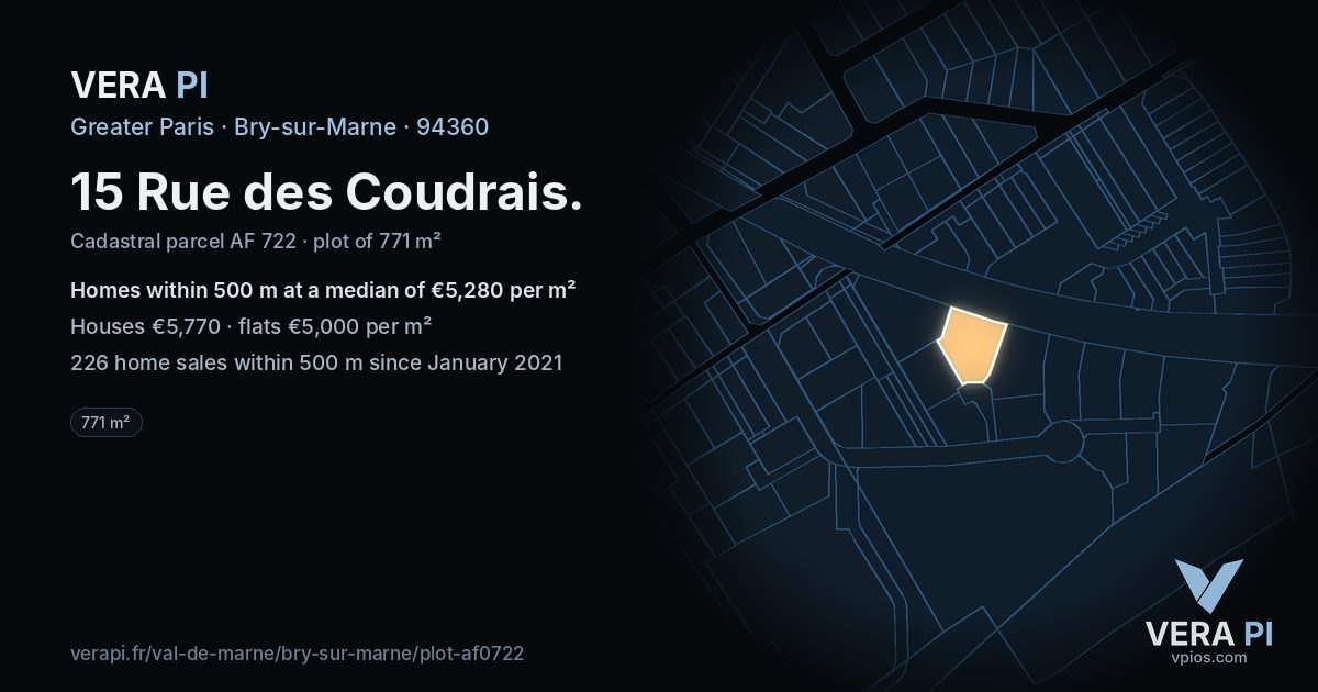 15 Rue des Coudrais, Bry-sur-Marne at night – the plot lit, the parcels around coloured by the prices near them