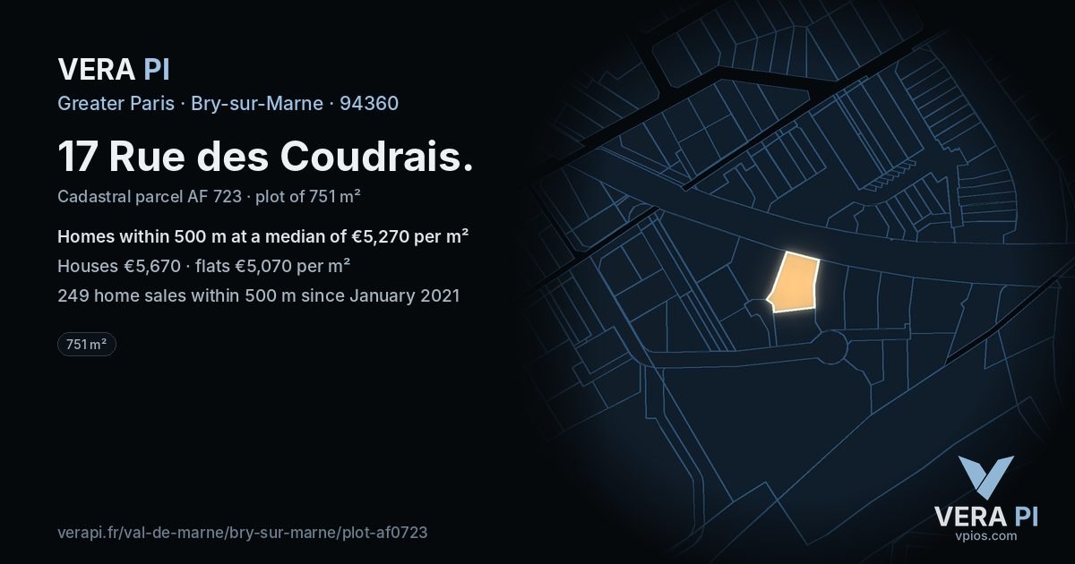 17 Rue des Coudrais, Bry-sur-Marne at night – the plot lit, the parcels around coloured by the prices near them