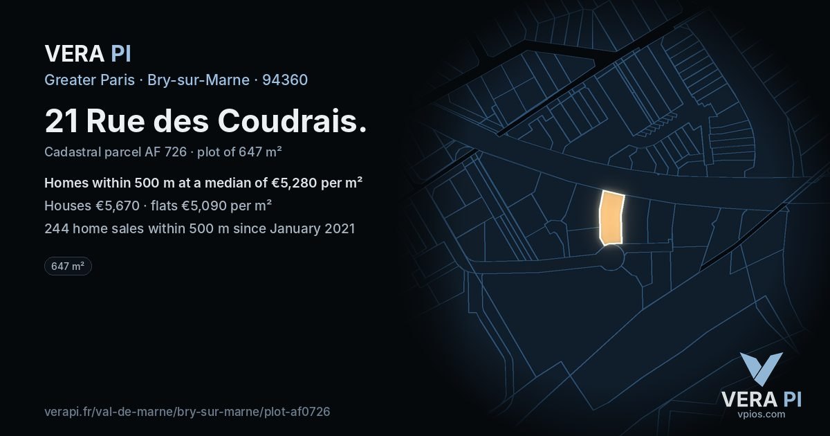 21 Rue des Coudrais, Bry-sur-Marne at night – the plot lit, the parcels around coloured by the prices near them