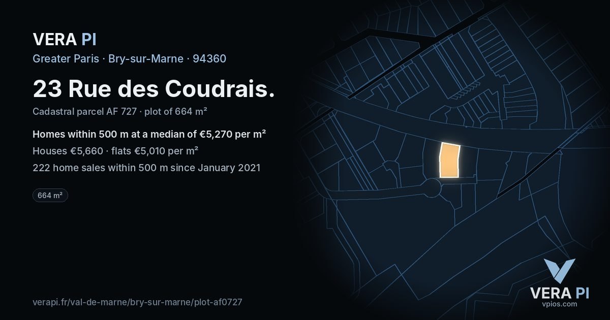 23 Rue des Coudrais, Bry-sur-Marne at night – the plot lit, the parcels around coloured by the prices near them