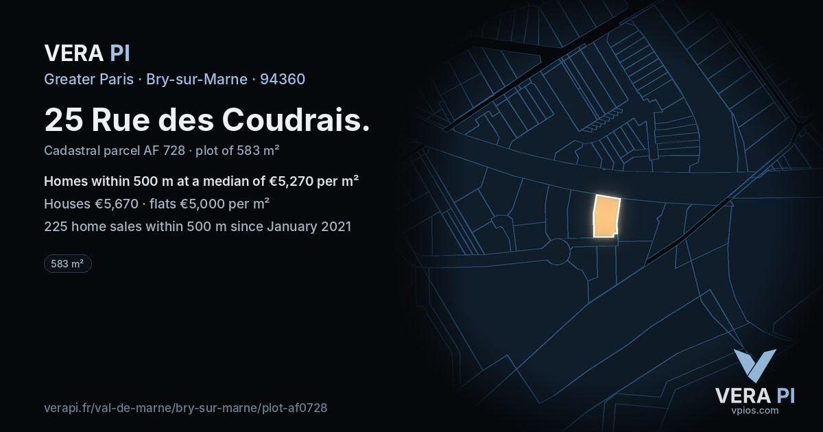 25 Rue des Coudrais, Bry-sur-Marne at night – the plot lit, the parcels around coloured by the prices near them