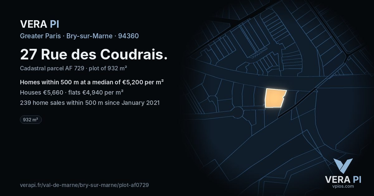 27 Rue des Coudrais, Bry-sur-Marne at night – the plot lit, the parcels around coloured by the prices near them