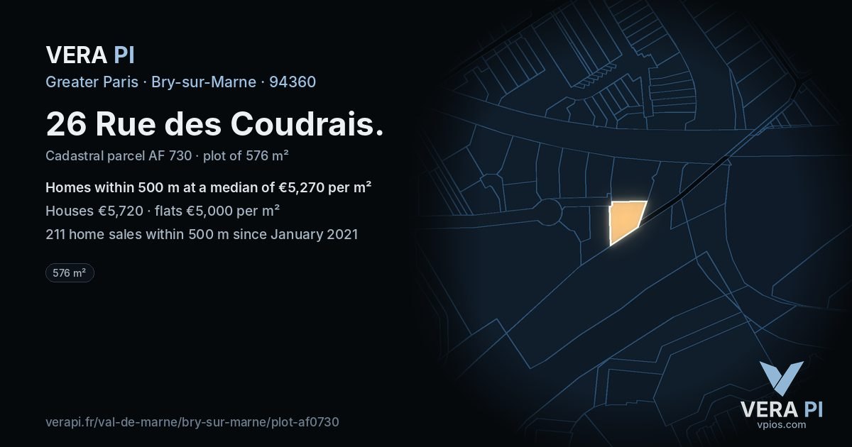26 Rue des Coudrais, Bry-sur-Marne at night – the plot lit, the parcels around coloured by the prices near them