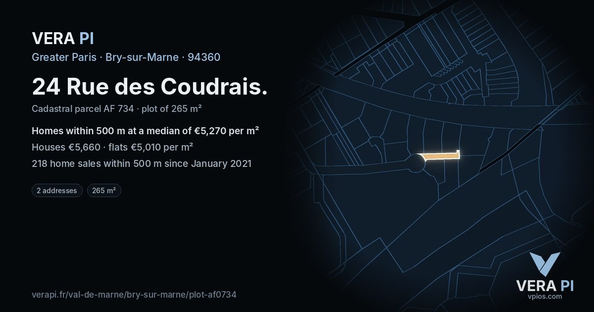 24 Rue des Coudrais, Bry-sur-Marne at night – the plot lit, the parcels around coloured by the prices near them