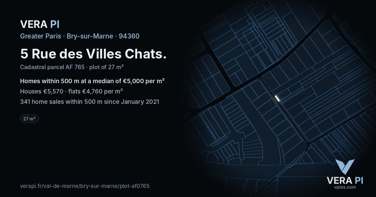 5 Rue des Villes Chats, Bry-sur-Marne at night – the plot lit, the parcels around coloured by the prices near them