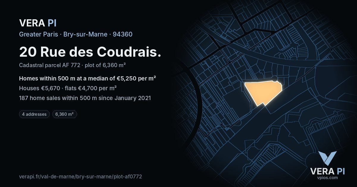 20 Rue des Coudrais, Bry-sur-Marne at night – the plot lit, the parcels around coloured by the prices near them