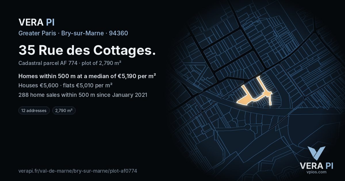 35 Rue des Cottages, Bry-sur-Marne at night – the plot lit, the parcels around coloured by the prices near them