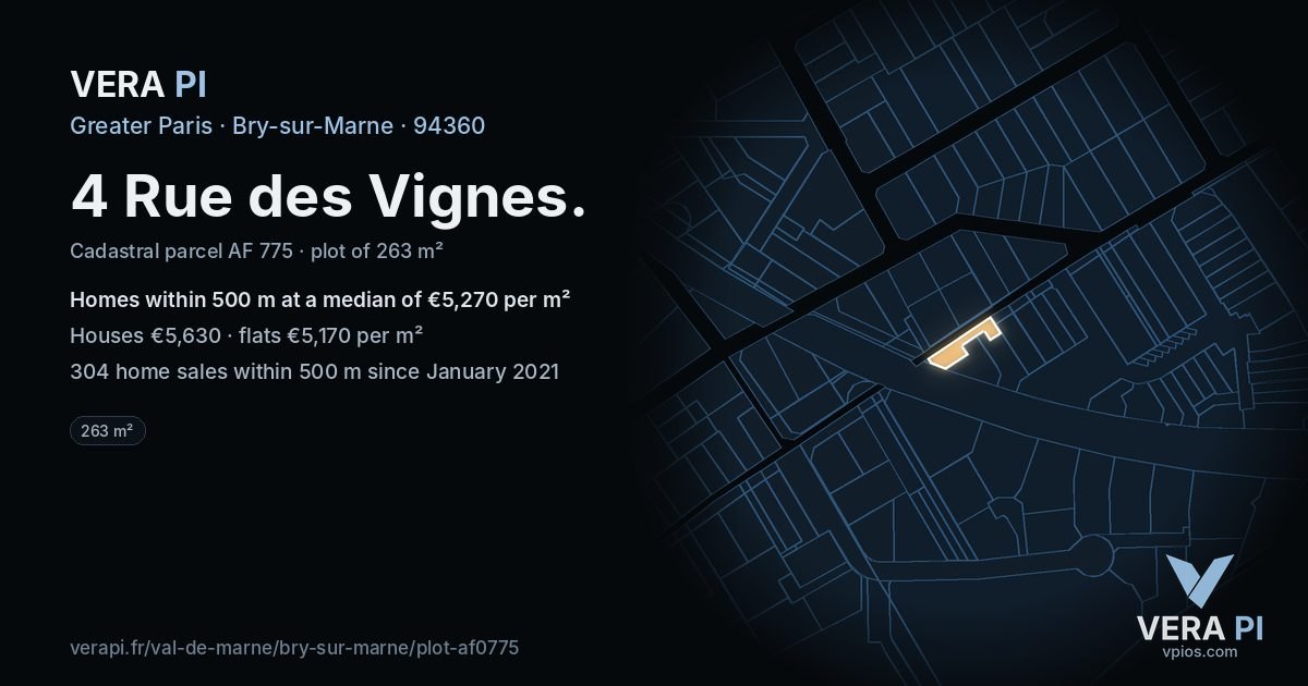 4 Rue des Vignes, Bry-sur-Marne at night – the plot lit, the parcels around coloured by the prices near them