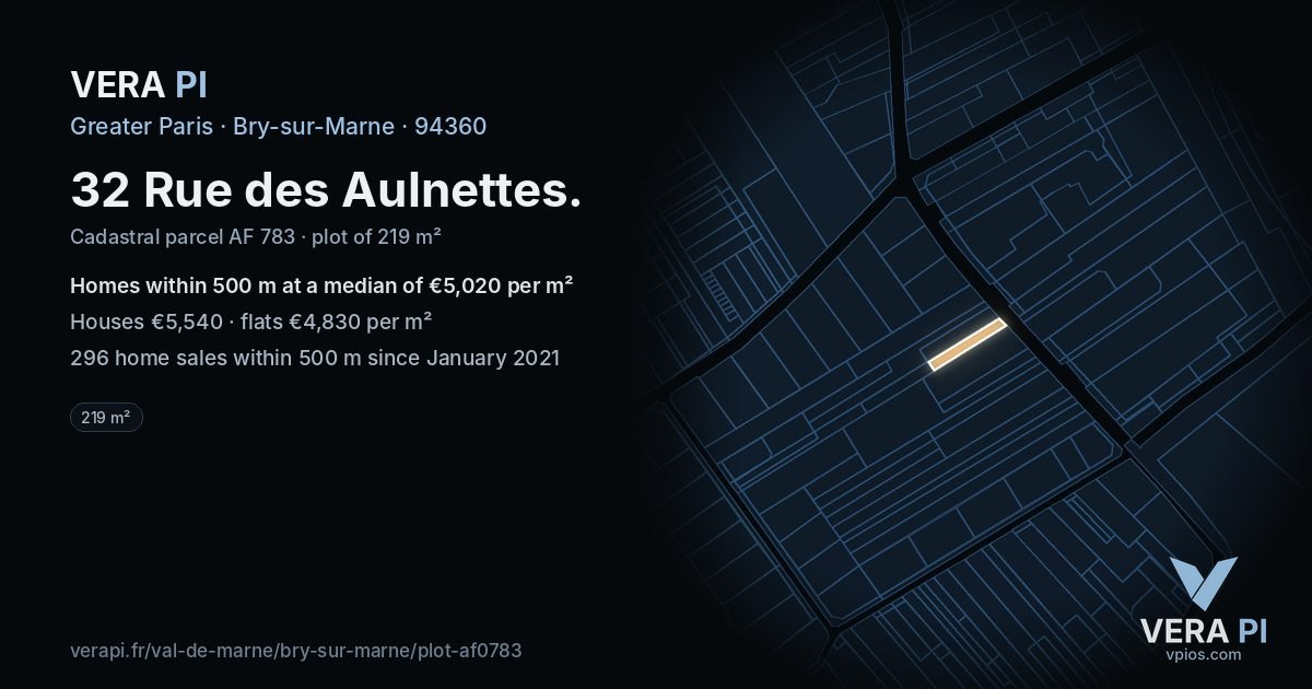 32 Rue des Aulnettes, Bry-sur-Marne at night – the plot lit, the parcels around coloured by the prices near them
