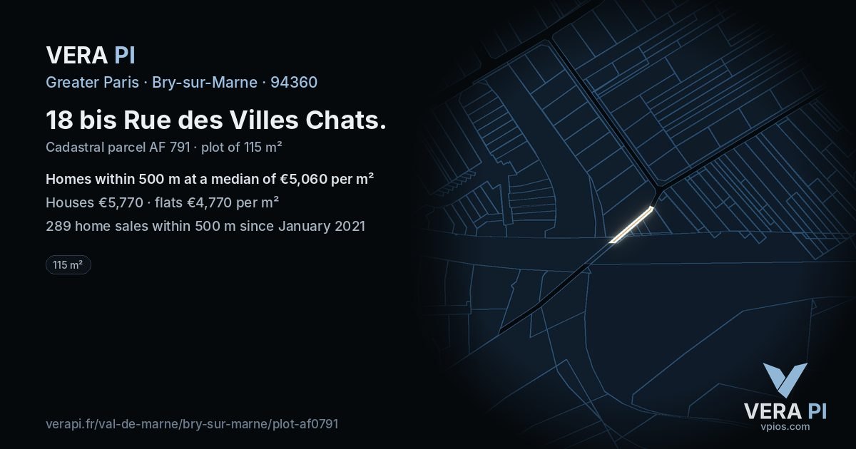 18 bis Rue des Villes Chats, Bry-sur-Marne at night – the plot lit, the parcels around coloured by the prices near them