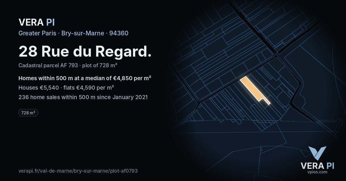28 Rue du Regard, Bry-sur-Marne at night – the plot lit, the parcels around coloured by the prices near them