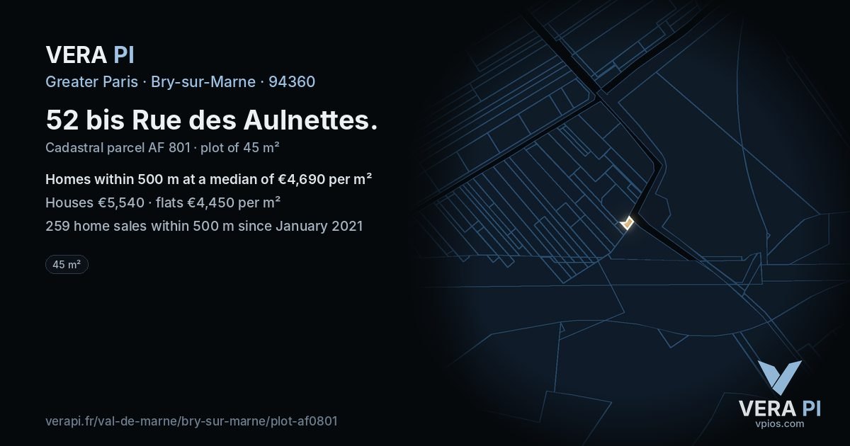 52 bis Rue des Aulnettes, Bry-sur-Marne at night – the plot lit, the parcels around coloured by the prices near them
