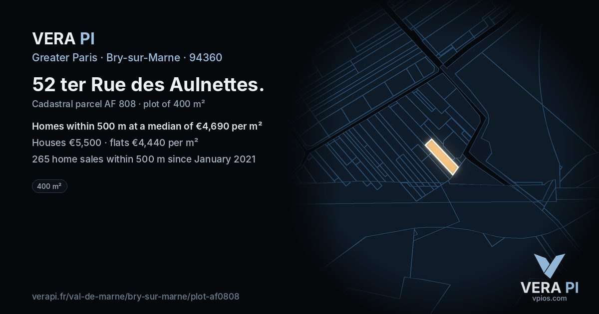 52 ter Rue des Aulnettes, Bry-sur-Marne at night – the plot lit, the parcels around coloured by the prices near them