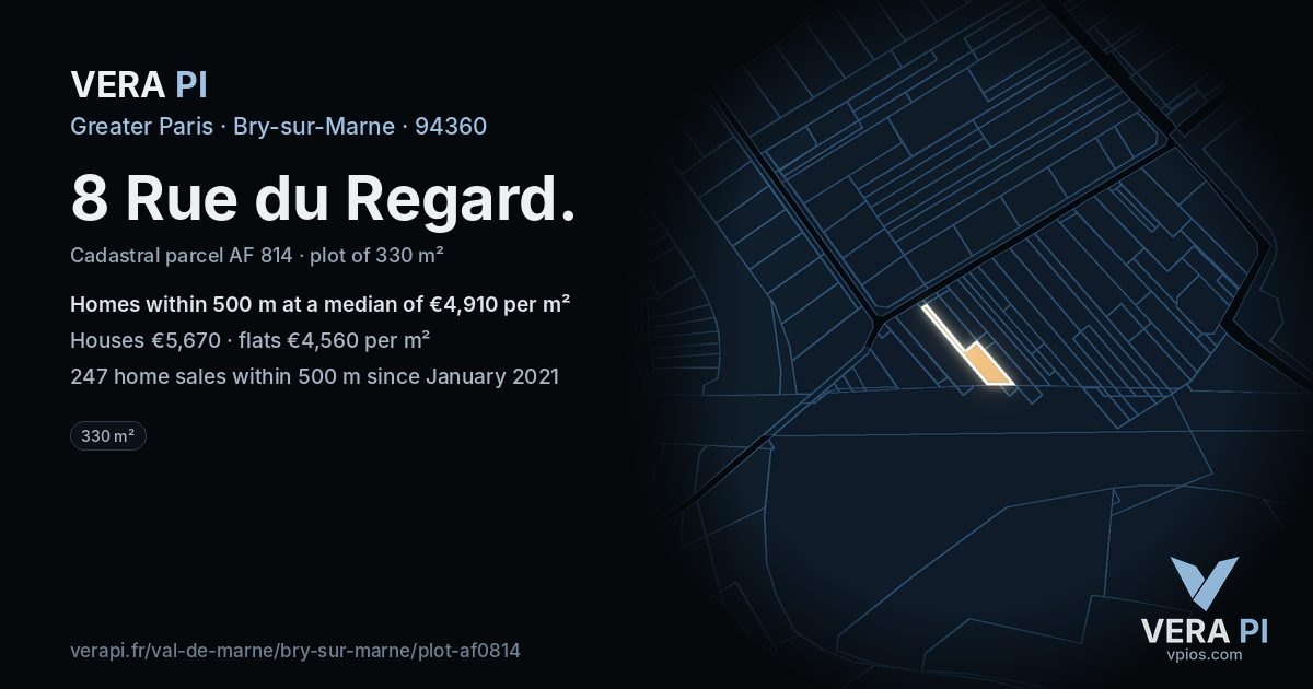 8 Rue du Regard, Bry-sur-Marne at night – the plot lit, the parcels around coloured by the prices near them