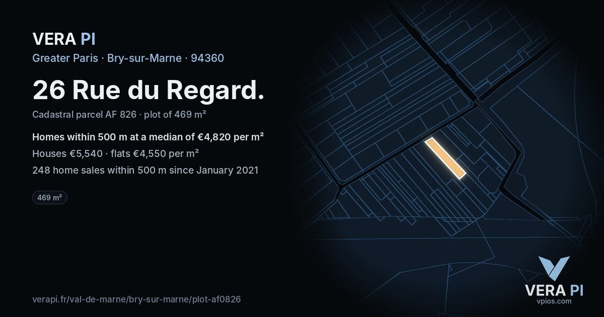 26 Rue du Regard, Bry-sur-Marne at night – the plot lit, the parcels around coloured by the prices near them