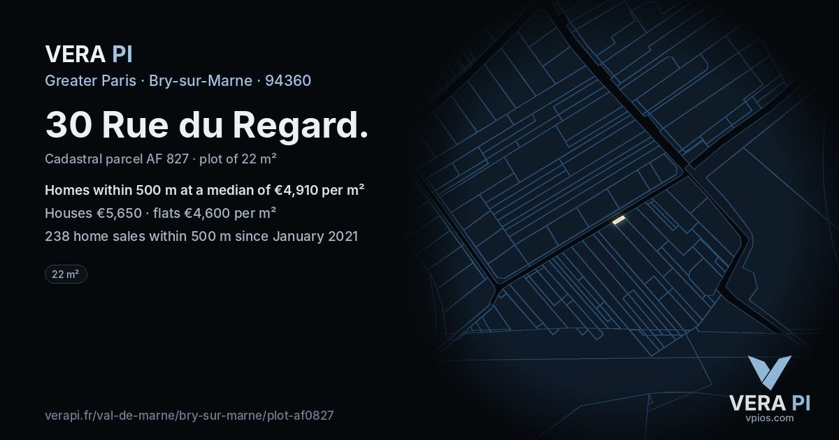 30 Rue du Regard, Bry-sur-Marne at night – the plot lit, the parcels around coloured by the prices near them