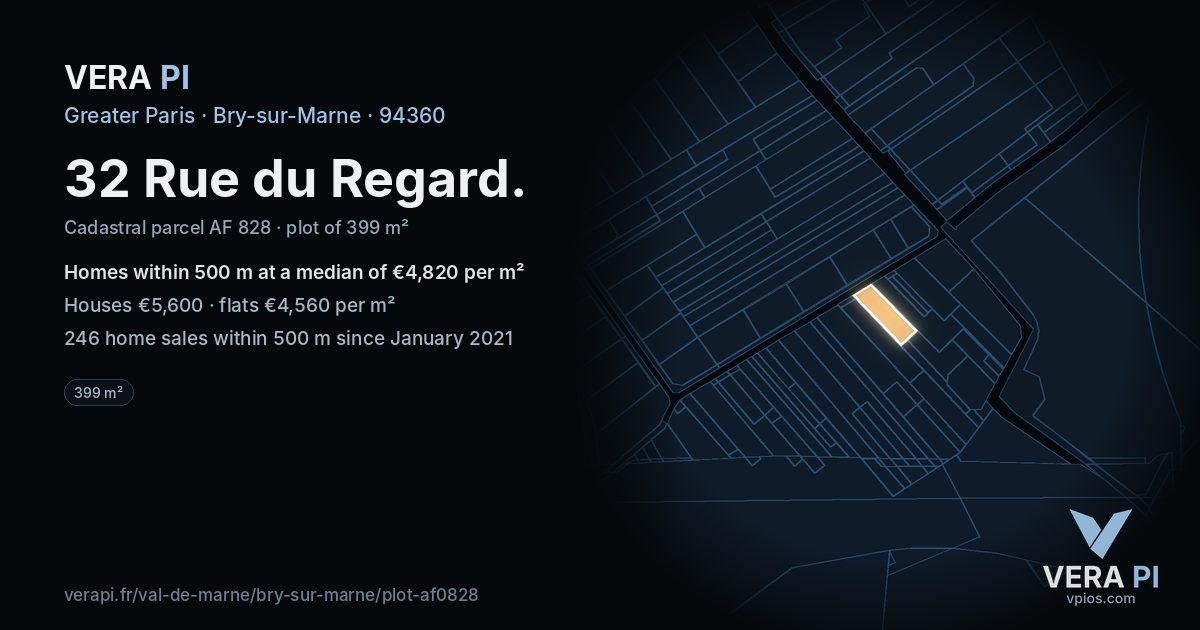 32 Rue du Regard, Bry-sur-Marne at night – the plot lit, the parcels around coloured by the prices near them