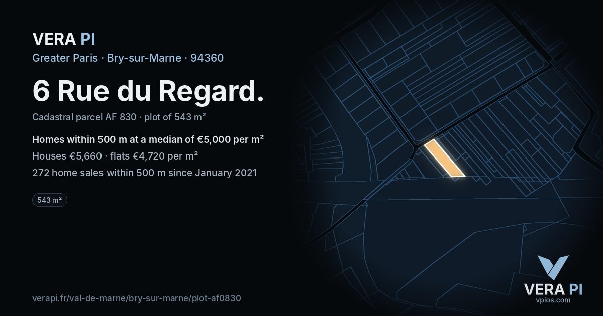 6 Rue du Regard, Bry-sur-Marne at night – the plot lit, the parcels around coloured by the prices near them