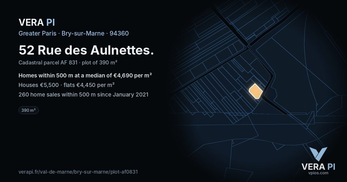 52 Rue des Aulnettes, Bry-sur-Marne at night – the plot lit, the parcels around coloured by the prices near them