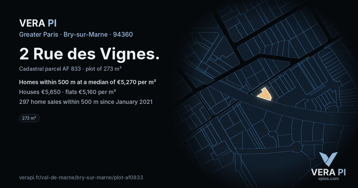 2 Rue des Vignes, Bry-sur-Marne at night – the plot lit, the parcels around coloured by the prices near them