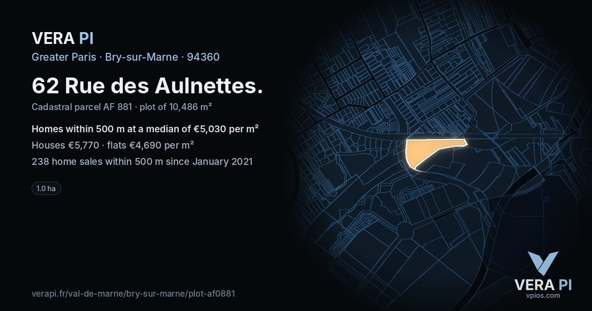 62 Rue des Aulnettes, Bry-sur-Marne at night – the plot lit, the parcels around coloured by the prices near them