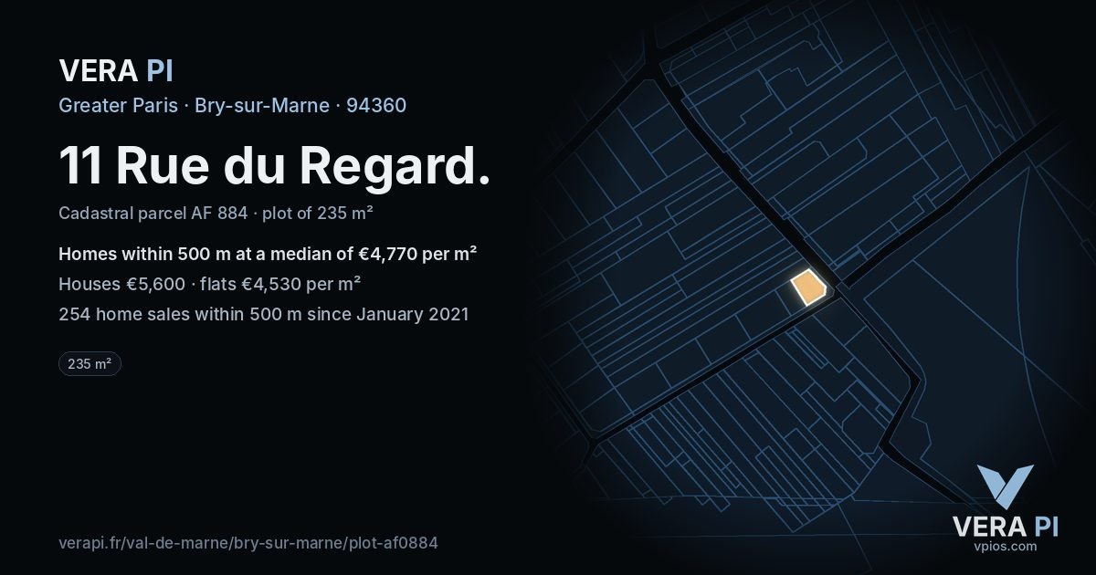 11 Rue du Regard, Bry-sur-Marne at night – the plot lit, the parcels around coloured by the prices near them