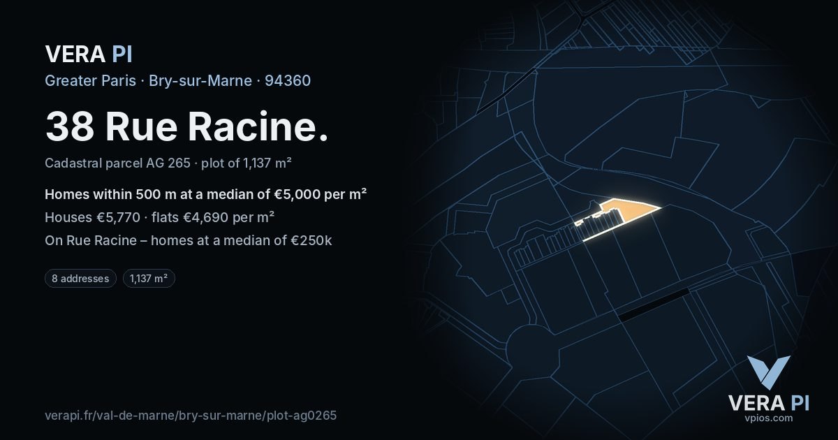 38 Rue Racine, Bry-sur-Marne at night – the plot lit, the parcels around coloured by the prices near them